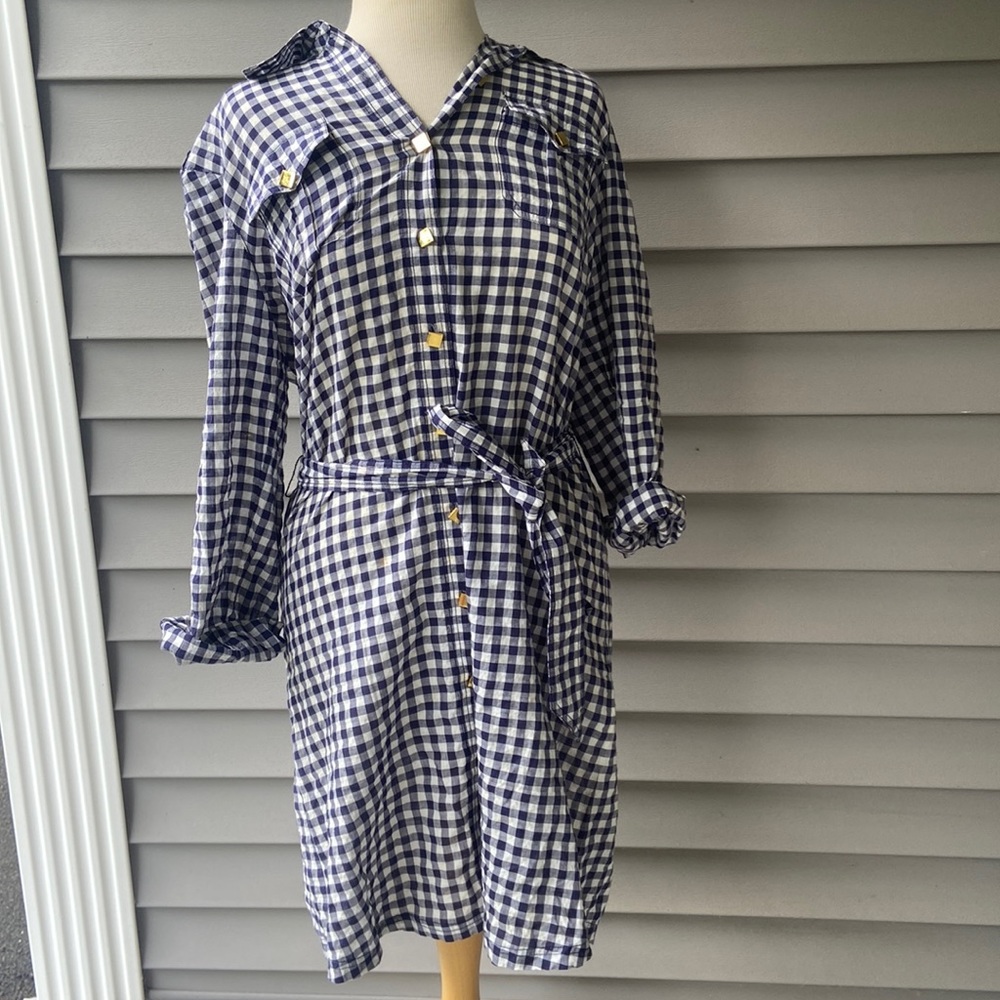 Tory Burch Blue Gingham Button Front Tie Shirt Dress - Picture 1 of 6